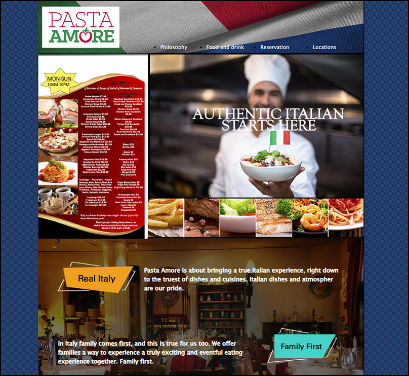 <p><strong>Pasta Amore Restaurant Site</strong><br>A project for GRA-310 Digital Graphic Design for Web turning a previous project into a full-page design (Italian restaurant).</p>