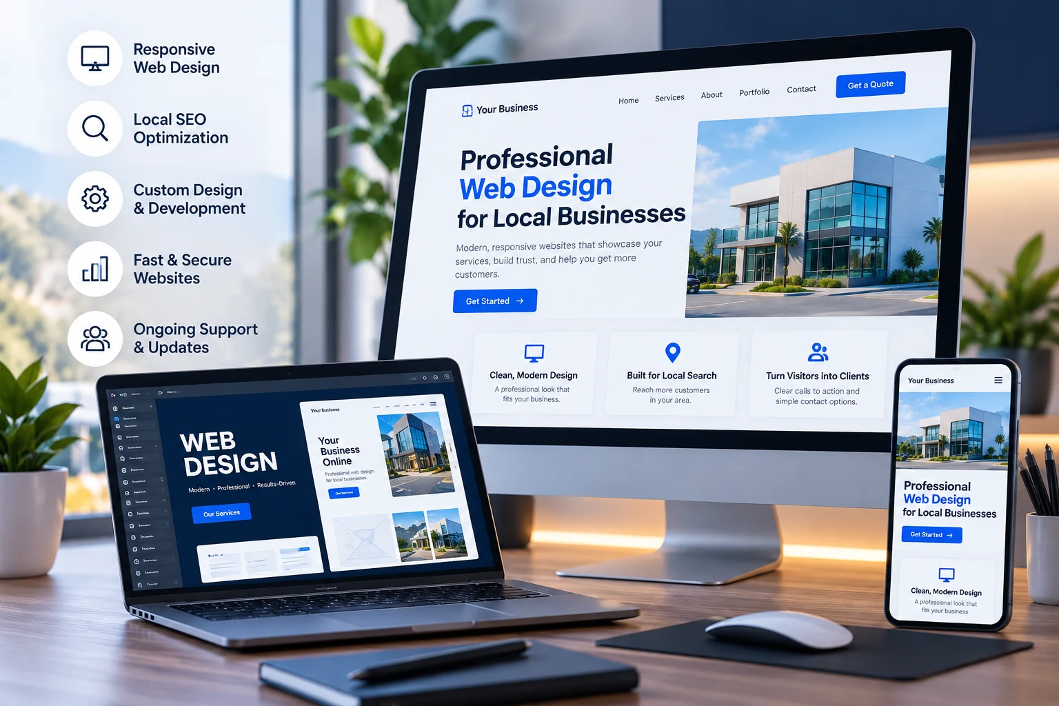 Professional web design services for San Fernando Valley businesses, showing responsive website designs across desktop, laptop, and mobile devices with local SEO and website development features.