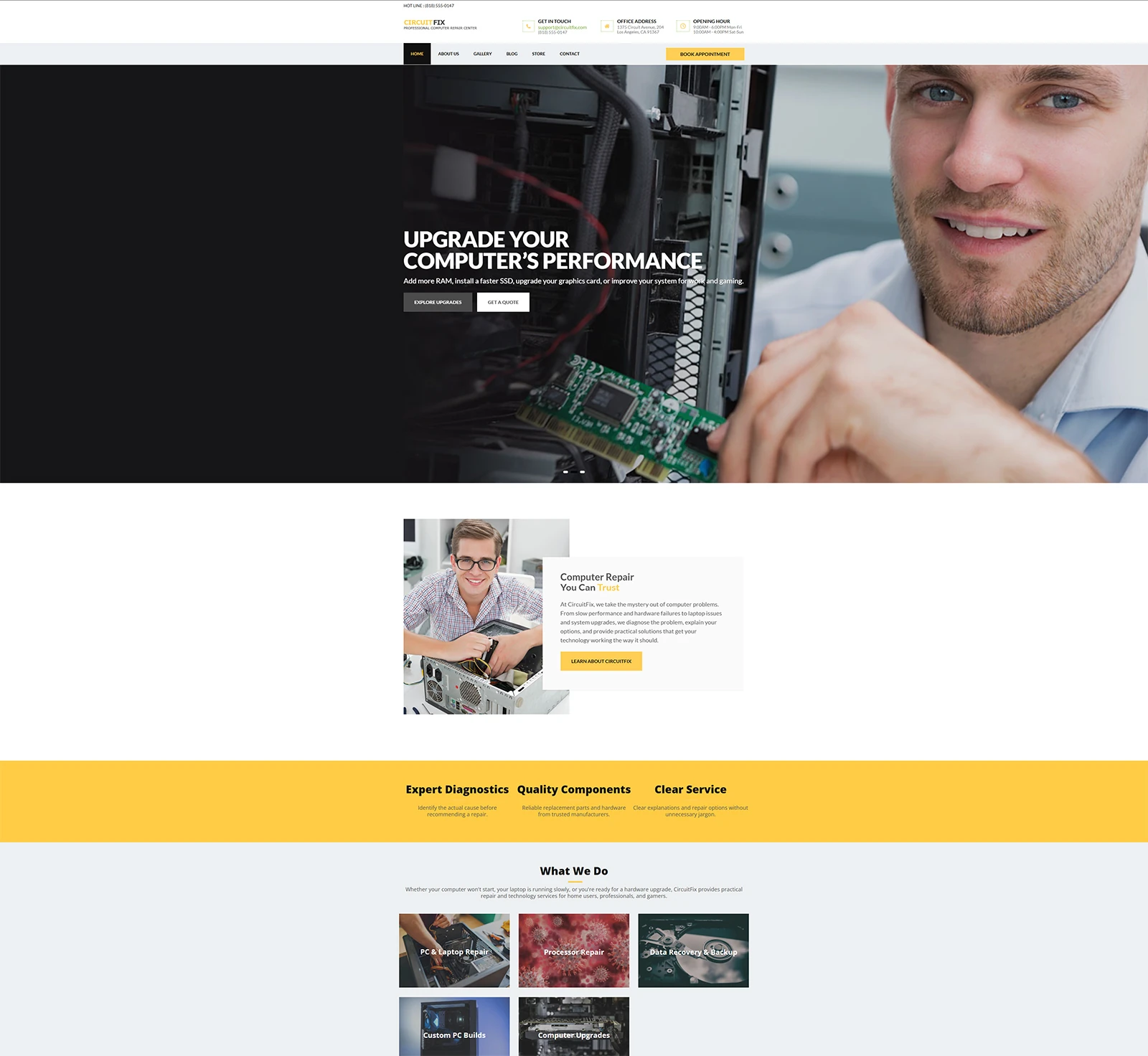 CircuitFix computer repair website mockup built with a custom WordPress theme