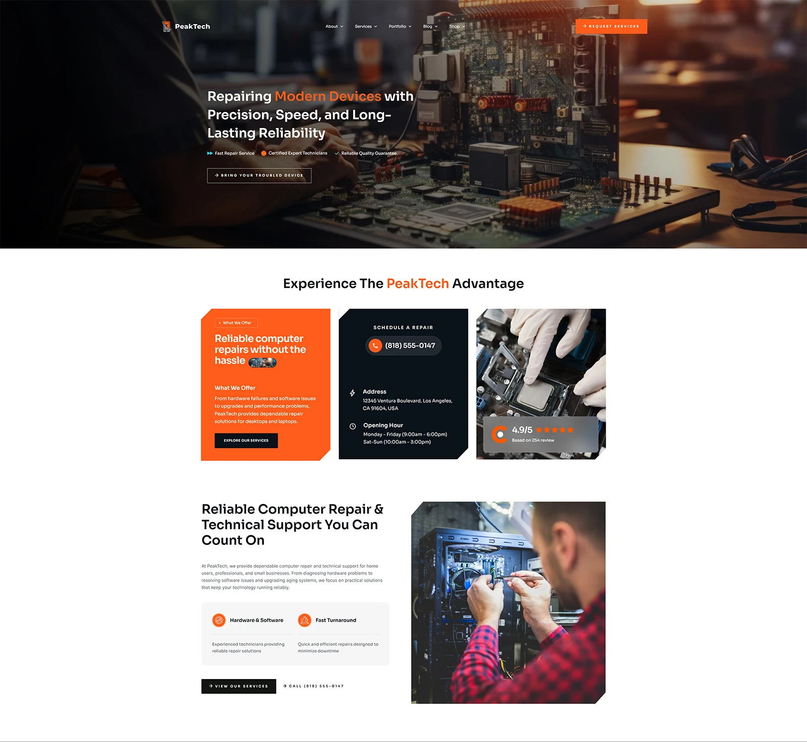 PeakTech computer repair website concept featuring a stylized WordPress design