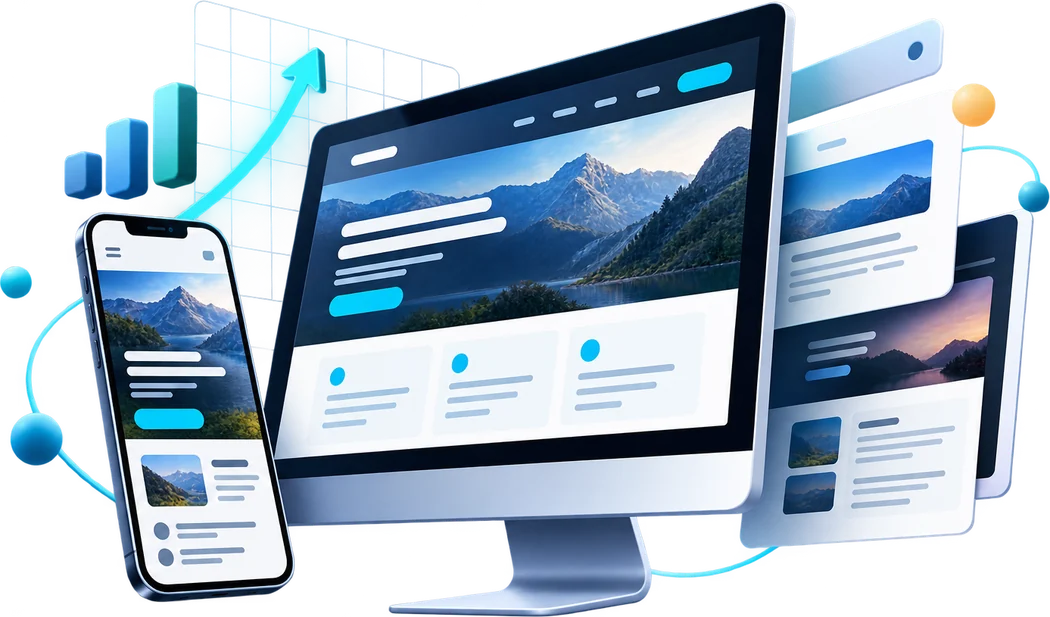A desktop display and phone showing responsive website layouts, interface panels, and analytics